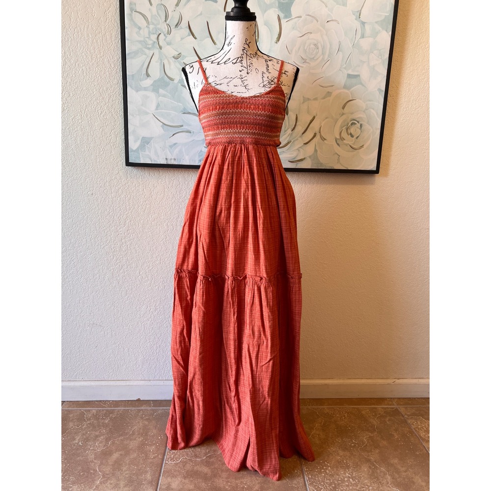 Roxy Hot Tropics Maxi Solid Dress Orange Smocked Cut Out Womens Small